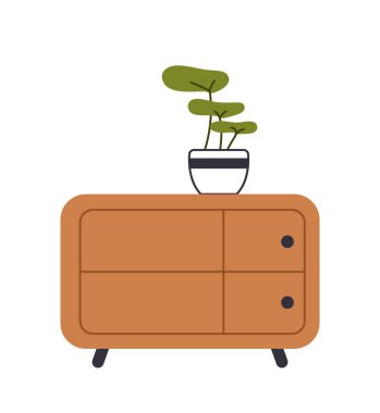 Oturma odası iç mekan konsepti. Çiçek saksısı ve masa ev bitkisi. Rahatlık ve rahatlık. Şablon, yerleşim ve modelleme. Çizgi film düz vektör çizimi beyaz arkaplanda izole edildi