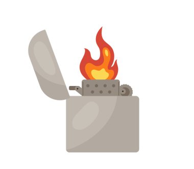 Çelik çakmak konsepti. Yürüyüş ve kamp malzemesi. Ateş ve alev. Aktif yaşam tarzı ve seyahat, yemek ve hazırlık. Çizgi film düz vektör çizimi beyaz arkaplanda izole edildi