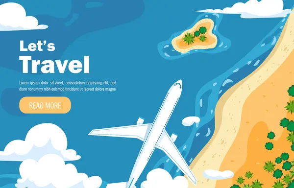 Aiplane海报顶视图概念 国际旅行和旅游 飞机飞越巴赫与海或大海 热带国家的假期和假期 卡通平面矢量插图 — 图库矢量图片