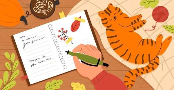 Samimi Sonbahar Kartı Konsepti Kitabın Yanındaki Kalemle Kırmızı Toplu Kedi — Stok Vektör