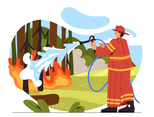 Fire Forest Concept Firefighter Uniform Hose Burning Forest Bushes Trees — Stock Vector