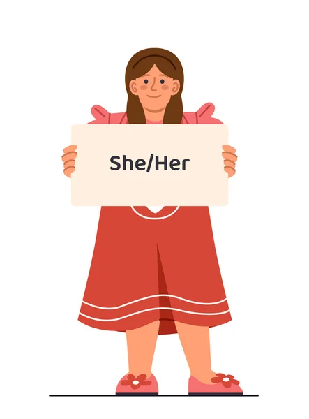 Kids Gender Pronouns Concept Young Girl Placard She Her Primary — Stock Vector