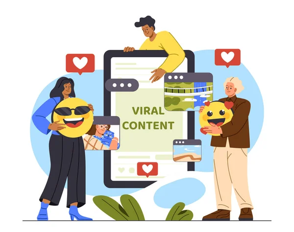 Virüs içeriği olan insanlar. Akıllı telefon ekranının yanında emojisi ve emojisi olan kadın ve erkek. Sosyal medyaya yakın gençler. İnternette ilginç içerik. Çizgi film düz vektör çizimi