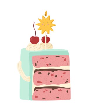 Mum konseptli kek dilimi. Tatlı ve lezzet. Doğum günün, tatilin ve festivalin kutlu olsun. Şablon, yerleşim ve modelleme. Çizgi film düz vektör çizimi beyaz arkaplanda izole edildi