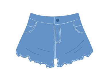 Denim Short konsepti. Moda, moda ve tarz. Solungaçlar için kıyafet. Estetik ve zarafet. Poster ya da afiş. Çizgi film düz vektör çizimi beyaz arkaplanda izole edildi
