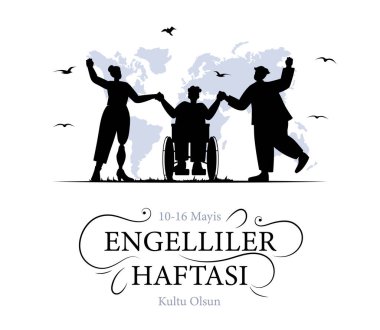 Engelliler haftasi kultu olsun konsepti. Tekerlekli sandalyedeki insanların silueti. Geleneksel Türk bayramı ve festivali. Hoşgörü ve birlik, saygı. Çizgi film düz vektör çizimi