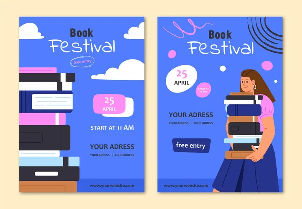 Kitap festivali posterleri. Bilgi ve bilgi. Ders kitapları ve kurgusu olan genç bir kız. Eğitim ve eğitim. Çizgi film düz vektör koleksiyonu bej arkaplanda izole edildi