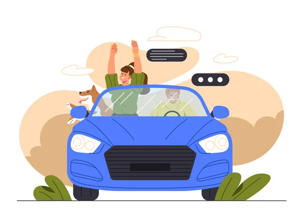 夫妻旅行的汽车概念 男人和女人带着狗在运输 在路上旅行的旅客 开车的男孩和女孩 卡通平面矢量插图 — 图库矢量图片