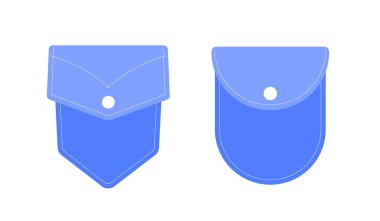 Cep tipleri ayarlandı. Kot pantolon ve kot giysinin mavi unsurları. Moda, moda ve tarz. Şablon, yerleşim ve modelleme. Çizgi film düz vektör koleksiyonu beyaz arkaplanda izole edildi