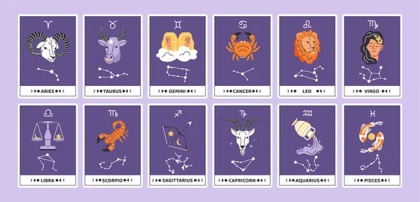 Set Carte Dell Oroscopo Segni Astrologici Zodiaco Esoterica Astrologia Costellazioni — Vettoriale Stock