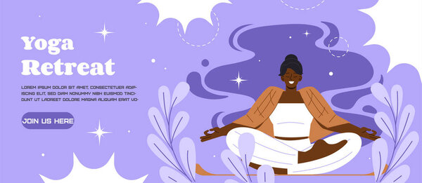 Yoga retreat banner. Landing page design. Woman sitting at lotus position. Active lifestyle, fitness and sport. Meditation, harmony and inner peace. Cartoon flat vector illustration