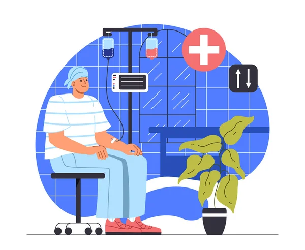 化学療法の概念を受けている男性 医療機器の近くにいる若者 患者は病院でベッドに座っている 医療と医療 がんとの戦い 漫画フラットベクターイラスト — ストックベクタ