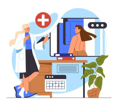 Mamogram görüntüleme konsepti. Doktor ve hasta. Sağlık ve ilaç, tedavi ve teşhis. Göğüs kanserini önlemek için. Radyografi ve röntgen. Çizgi film düz vektör çizimi