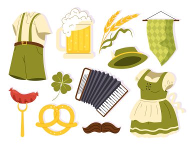 Oktoberfest elements set. Traditional german holiday and festival. Clothes for man and woman, glass with beer and pretzel, sausage. Cartoon flat vector collection isolated on white background clipart