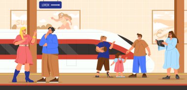 Metro istasyonu konsepti olan insanlar. Trenin yanında çocuklu kadın ve erkekler. Şehir altyapısı, seyahatler ve şehir seyahatleri. Demiryolu platformundaki vatandaşlar. Çizgi film düz vektör çizimi