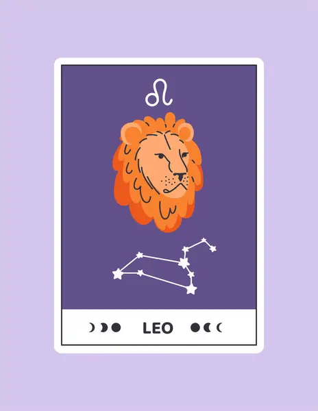 レオコンセプトのホロスコープカード ライオンの星座が描かれています 天文学とエソテリック 運の予測について ヴァイオレットの背景に隔離された漫画フラットベクターイラスト — ストックベクタ