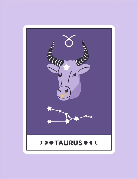 タウルスのコンセプトを持つホロスコープカード 天文学的な黄道帯のサインとブル エソテリックと占星術 Webサイトのポスターまたはバナー ヴァイオレットの背景に隔離された漫画フラットベクターイラスト — ストックベクタ
