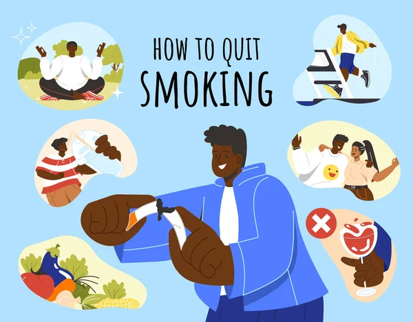 How Quit Smoking Concept Infographics Educational Materials Man Friends Sports — Stock Vector