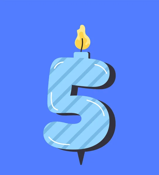 誕生日キャンドル5のコンセプト ブルーナンバー5 ケーキやカップケーキのためのデコレーション要素 年次イベントやパーティー ブルーバックで隔離された漫画フラットベクターイラスト — ストックベクタ