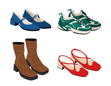 Kadın ayakkabısı konsepti. Moda, moda ve tarz. Botlar ve yeşil spor ayakkabılar. Aksesuar ve giysiler. Estetik ve zarafet. Çizgi film düz vektör koleksiyonu beyaz arkaplanda izole edildi