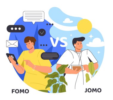 Fomo vs jomo konsepti. Tabletli kadın bir fincan çayla bir adama karşı. Düşünceli yalnız adamla karşılaştırıldığında kız sosyal ağlarda iletişim kuruyor. Psikolojik tipler. Çizgi film düz vektör çizimi