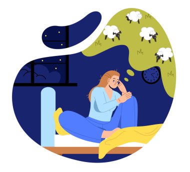Uykusuzluk çeken bir kadın. Genç kız gece yatağında oturup koyunları sayıyor. Hastalık ve akıl hastalığı olan bir karakter. Hayal kırıklığı ve depresyon. Çizgi film düz vektör çizimi