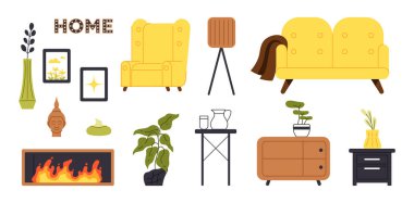 Living room interior set. Different furniture for apartment. Yellow sofa and armchair. Flowerpot and lamp. Fireplace and table. Cartoon flat vector collection isolated on white background clipart