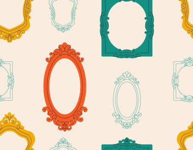 Ayna çerçeveleri kusursuz desen oluşturuyor. Kumaş üzerine baskı yapmak için tasarım ögesi tekrarlanıyor. Kırmızı ve yeşil oval çerçeveler eski usul. Dekor ve iç mekan elementi. Çizgi film düz vektör çizimi