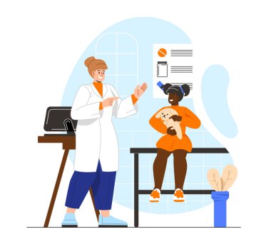 Çocuk odası konsepti olan insanlar. Çocuklu ya da çocuklu tıp üniformalı bir kadın. Pediyatrist ve kız. Şablon, yerleşim ve modelleme. Çizgi film düz vektör çizimi beyaz arkaplanda izole edildi