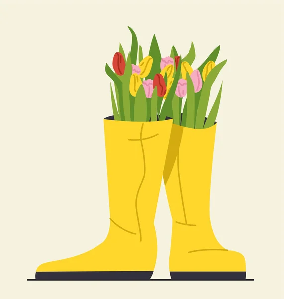 在威尔士的花的概念 黄色胶靴配花束 美学与高雅 社交网络和信使的贴纸 在黄色背景上孤立的卡通平面矢量图 — 图库矢量图片