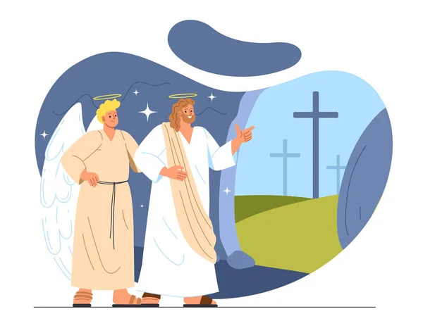 Jesus christ with angel concept. Two men with wings. Religion and mythology. Christianity and culture. Peopel watch at cross. Biblical scenes and characters. Cartoon flat vector illustration
