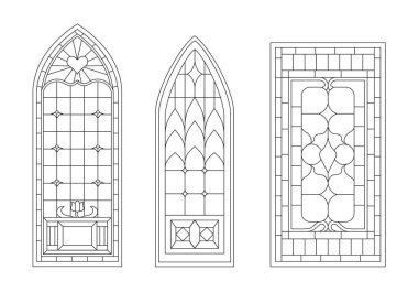 Lekeli cam pencere hattı ayarlandı. Kilise inşaatı için minimalist çerçeveler. Katedral mozaiği. Dış görünüş ve dış görünüş. Çizgi film düz vektör koleksiyonu beyaz arkaplanda izole edildi