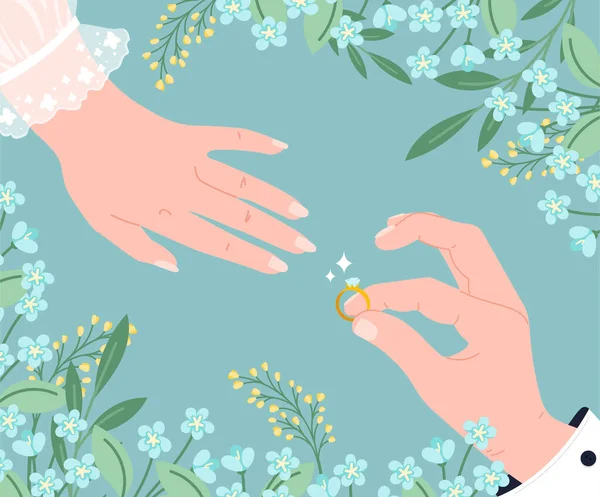 Πρόταση Ζευγάρι Χέρια Έννοια Κουστουμάτος Βάζει Δαχτυλίδι Στη Γυναίκα Φόρεμα — Διανυσματικό Αρχείο