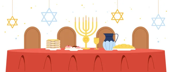 Geleneksel Yahudi masa konsepti. Lezzetli ve şenlikli yemekler, Menorah. Hannah Torah kutlama ve tatil yapıyor. Web sitesi afişi ya da afişi. Tatlı ve lezzet. Çizgi film düz vektör çizimi