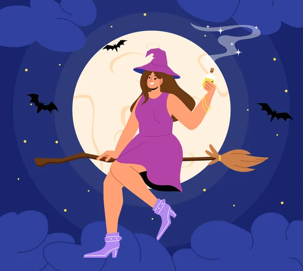 Witch Flying Broomstick Concept Young Girl Background Sky Moon Fantasy — Stock Vector