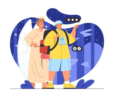 Melek bekçisi konsepti. Beyaz kanatlı genç bir adam. Hayal gücü ve fantezi. Din ve mitoloji. Güvenlik ve koruma. Çizgi film düz vektör çizimi beyaz arkaplanda izole edildi