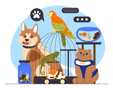 Evcil hayvanlar kafese yakın konsept. Köpek ve kedi, papağan. Evcil hayvanları, veteriner dükkanını umursuyorum. Web sitesi afişi ya da afişi. Çizgi film düz vektör çizimi beyaz arkaplanda izole edildi