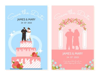 Düğün davetiyesi posterleri hazır. Gelin ve damat, Kekke 'de karı koca. Evlilik töreni ve parti kartpostalları. Çizgi film düz vektör koleksiyonu beyaz arkaplanda izole edildi