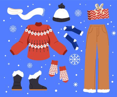 Kış giysileri takımı. Çizme ve pantolonun yanında şapkalı ve atkılı sıcak bir kazak. Soğuk hava ve kar için kıyafetler. Moda ve tarz. Çizgi film düz vektör koleksiyonu mavi arkaplanda izole edildi
