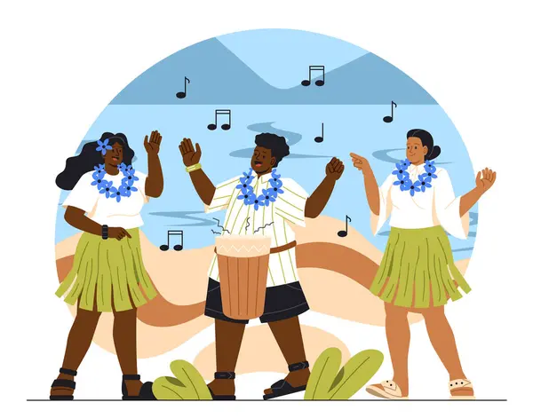 Hawaiian Party Concept Man Drum Women Traditional Clothes Holiday Tropical — Stock Vector