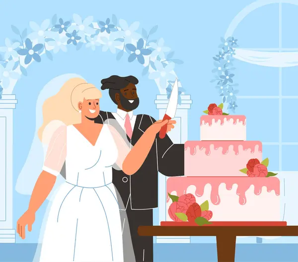 Newlyweds Cut Cake Concept Man Suit Woman White Dress Dessert — Stock Vector