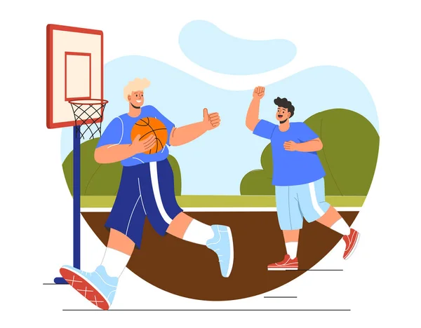 Vänner Spelar Basket Pojkar Och Tonåringar Vid Hovet Med Boll — Stock vektor