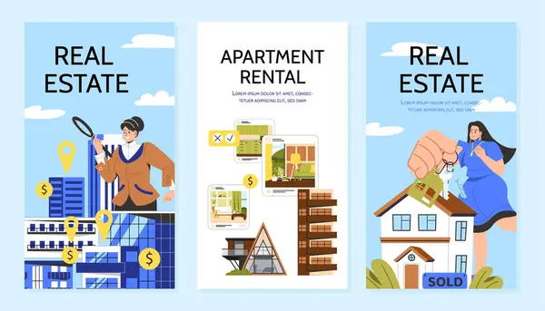 stock vector Real estate posters set. Women with magnifying glass and keys near buildings and home. Investing and trading, economy. Cartoon flat vector collection isolated on blue background