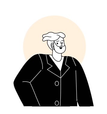 Minimalist kullanıcı avatarı kavramı. Takım elbiseli adam. Moda, moda ve tarz. Mobil uygulama için UI ve UX tasarımı. Web sitesi için grafik ögesi. Beyaz arkaplanda izole edilmiş doğrusal düz vektör çizimi