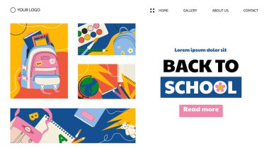 Okul şablonuna geri dönelim. Web sayfası için tasarım. Eğitim ve öğrenim. İniş sayfası tasarımı. Sırt çantası, fırça, kalem. Öğrenciler ve öğrenciler için kırtasiye kağıdı. Çizgi film düz vektör çizimi