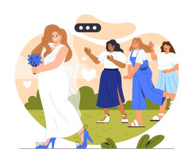 Gelin fırlatma buketi. Evlilik töreni. Eşi arkadaşlarına çiçek atar. Gelenekler ve kültür. Tatil ve festival. Çizgi film düz vektör çizimi beyaz arkaplanda izole edildi