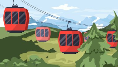 Cableway manzara konsepti. Kırmızı kulübeler, arka plandaki noel ağacı ve tepeleri. Yaz ve bahar sezonunda güzel bir manzara. Poster ya da afiş. Çizgi film düz vektör çizimi