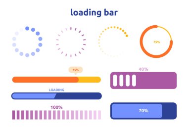 Loading progress bar icons set. Design elements for website. Downloading and uploading. Colorful bars and circles for mobile application. Cartoon flat vector collection isolated on white background clipart