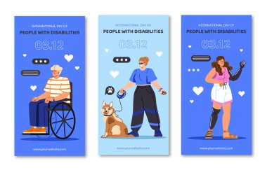 Engelli posterleri asılmış kişiler. Tekerlekli sandalyedeki adam ve prothethis 'li kadın, tasmalı kız. Sağlık ve ilaç. Çizgi film düz vektör koleksiyonu beyaz arkaplanda izole edildi