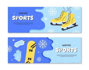 Kış sporu afişleri. Sarı snowboard ve kar taneleri, mavi eldivenler ve gözlüklerle gökyüzü. Ekstrem sporlar ve aktif yaşam tarzı. Çizgi film düz vektör koleksiyonu beyaz arkaplanda izole edildi
